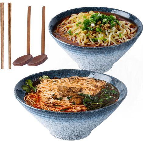Lot de 2 bols à soupe japonais en céramique de 22,9 cm, lot de 6 pièces, bol multifonction de 1600 ml avec cuillère et baguettes assorties, pour nouilles instantanées, soupe, nouilles, Pho (bleu) (1/5)