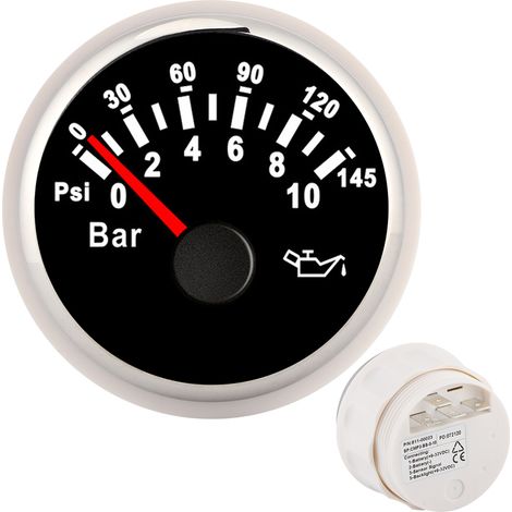 Manomètre d'huile 2 pouces 0-10 bar 145 psi, cadran rétroéclairé LED, pour auto, moto, bateau, camion, 12 V/24 V, cadran noir, cadre argenté (1/5)