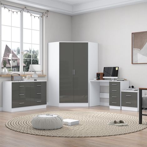 Reflect 2 Door Corner Wardrobe, 6 Drawer Chest, 2 Drawer Bedside & Desk - Grey Gloss & Matt White - Bedroom Furniture Set (1/5)