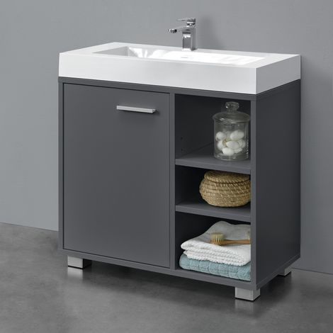 [En.Casa] – Meuble sous lavabo gris foncé 56 x 60 x 31 cm – Panneau de particules mélaminé – 1 porte et 3 étagères réglables – Montage facile