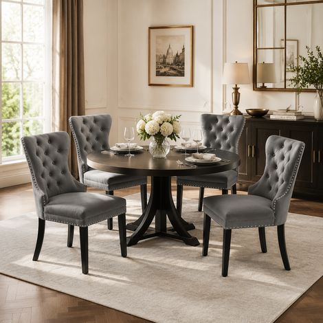 Set di 4 sedie da pranzo in velluto con gambe in rovere, bottoni, battente in cromo e rivestimento in chiodi, sedia da camera da letto, sedia da cucina, sedia da soggiorno, sedia lounge per il tempo l (1/5)