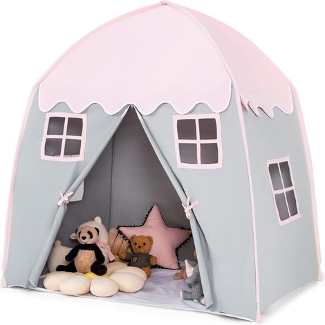 GOPLUS Tente de Jeu pour Enfants avec Espaces Spacieux et Intimes pour 3 Enfants de 3 + Ans, Tente de Jeu Portable et Respirante avec Sac de Transport, Cadeau de Noël/Anniversaire (Rose + Gris) (1/5)