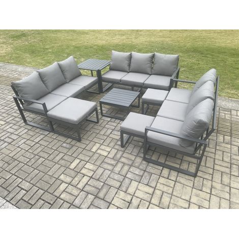 Fimous Aluminium Outdoor Garden Furniture Set Patio Lounge Sofa with Square Coffee Table Side Table 3 Footstools Conservatory Set Dark Grey (1/5)