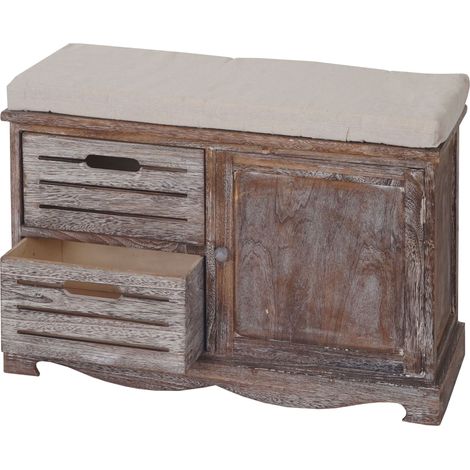 Comoda panca con cuscino design vintage 49x71x32cm in legno marrone invecchiato 040001159