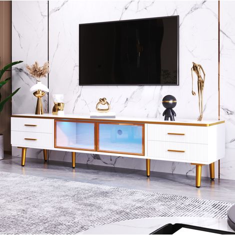 Mobile TV bianco 170 x 37 x 47,5 cm con LED, 4 cassetti e 2 ante in vetro temperato DESVIAE (1/5)
