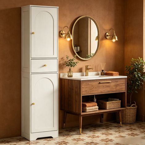 Armoire colonne haute pour salle de bain, meuble de rangement avec placards et tiroirs, tablettes réglables en hauteur pour stocker vos produits sanitaires et accessoires de toilette (1/5)