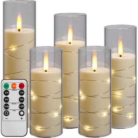 LED-Kerze mit Lichterkette, batteriebetriebene Kerze mit Fernbedienung und 24-Stunden-Timer, helle flammenlose Kerze für Heimdekoration (Elfenbeinweiß, 5 Stück)