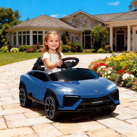 Elektroauto für Kinder, Lamborghini-Elektrofahrzeug, 12 V, 2,4-GHz-Fernsteuerung und 2 Motoren, Höchstgeschwindigkeit 4 km/h, blau