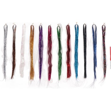 Kit 12 mèches pailletées brillantes en soie pour extensions de cheveux avec crochet, couleurs variées, lot de strands décoratifs. (1/5)