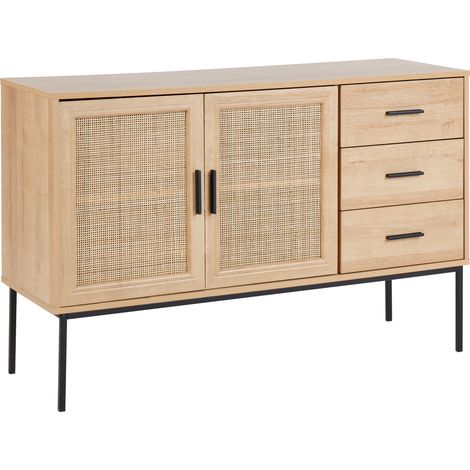 Aparador con 3 cajones frente de ratán tablero de partículas patas de metal estilo boho sala de estar madera clara Pasco