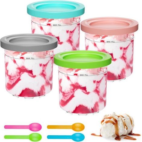 Pots à glace avec couvercles et cuillère - Lot de 4 - 9 x 11 x 10,5 cm - Récipients à glace - Pots de conservation pour glaces (1/5)