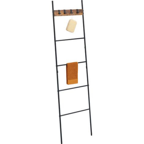 Relaxdays Handtuchleiter, 4 Sprossen & Haken, HxB: 160,5 x 44 cm, Metall, Industrial Wäscheleiter, Bad, schwarz/braun