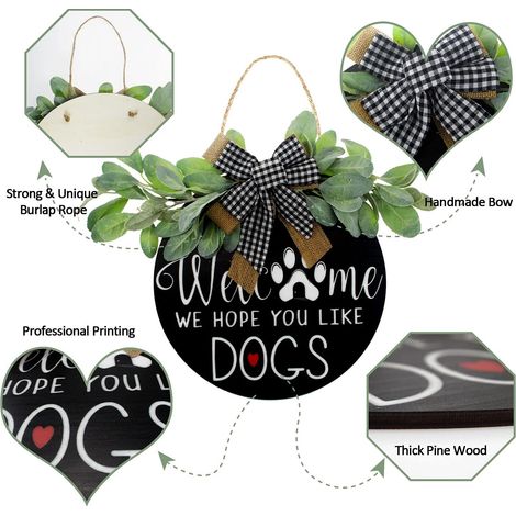 Couronne de Porte - Panneau Bienvenue - Bois Naturel - Branches d'Eucalyptus - Ruban à Carreaux - Pour Porte d'Entrée ou Mur Extérieur - 1 Pièce (1/5)