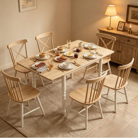 Mesa de comedor extensible 134 x 80 x 75 cm de MDF y acero, natural y blanca (1/5)