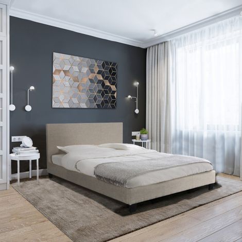 Le Quai Des Affaires – Lit DUBLIN 140x190 – Structure MDF et tissu beige – Sommier 2x12 lattes en bois – Hauteur 24 cm – Dimensions 200x145x76 (1/4)