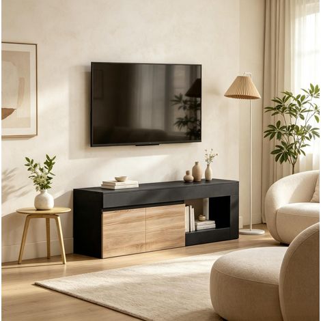 Meuble TV 140 cm noir et bois naturel avec 2 portes et niche ouverte (1/5)