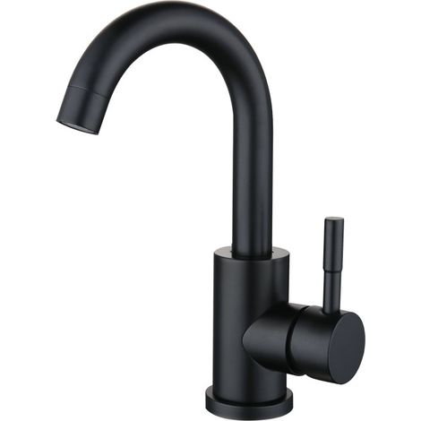 Vtizikl Robinet d'eau chaude et froide noir en acier inoxydable petit robinet de bassin rotatif brossé de salle de bain incurvé (1/5)