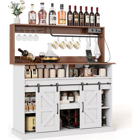 Küchen Sideboard mit 2 Schiebetüren, 2 Offenen Fächern, Oberem Regal, Steckdosen und USB Anschlüssen, MDF 120×40×130 cm (1/5)