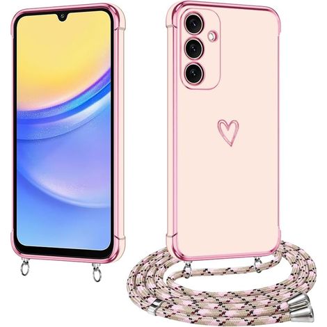 Coque pour A15 avec Cordon, Coque pour A15 5G Silicone avec Motif Coeur d'amour Mignon Étui Housse Antichoc avec Collier Réglable Lanyard Case, Or Rose (1/5)
