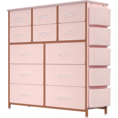 Commode d'entrée rose 12 tiroirs tissu métal, plateau effet bois (1/5)