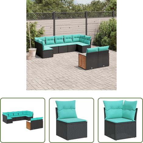 Gartenmöbel - 9-teiliges Gartensofa-Set mit Kissen, schwarzes Polyrattan (1/5)