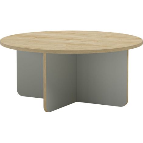 Table basse ronde Ø80cm en mélaminé plateau imitation bois et piètement vert sauge - HESTIA (1/5)