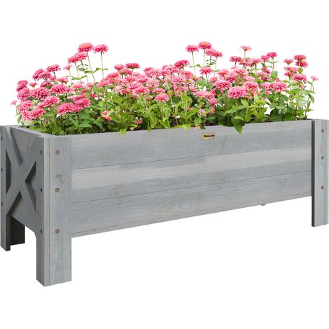 Outsunny 58L Garden Raised Bed Planter Grow Containers for Outdoor Patio Plant Flower Vegetable Pot Fir Wood, 100 x 36.5 x 36 cm, Grey