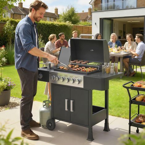 Chariot barbecue à gaz 17,8 kW 6+1 brûleurs en acier inoxydable avec roues, brûleur latéral, thermomètre et grille émaillée