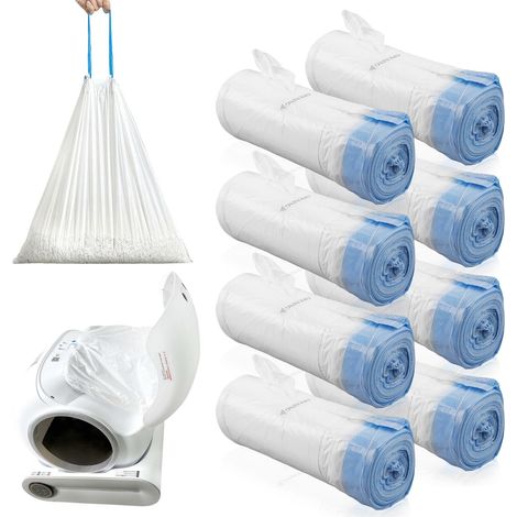Lot de 160 sacs poubelle avec poignée de transport : sacs à litière pour chat avec cordons de serrage, sac à litière pour chat, recharge pour litière pour chat, 8 rouleaux (1/5)