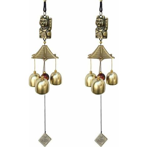 Lot de 2 carillons éoliens porte-bonheur décoration vintage cloches porte-bonheur chat suspendu pour l'école, le dîner pub, la réception, le jardin, marron, 9 x 6 x 6 (1/5)