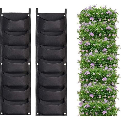Lot de 2 sacs de jardinières à suspendre, 7 poches à suspendre verticalement pour jardinage extérieur, intérieur, verdissement vertical pour fleurs, sacs de plantation, sacs de rangement (noir) (1/4)