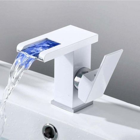 LED Waterfall Faucet Bathroom Sink Single Handle RGB Automatic White (1/4)