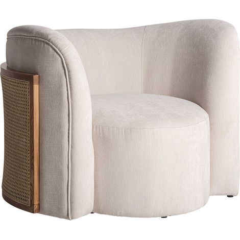 Fauteuil contemporain blanc et bois de pin - Blanc cassé texturé avec détails en bois naturel et ratán (1/5)