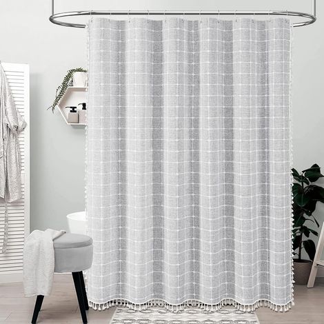 Cortina de ducha bohemia con borlas, de tela de lino, ideal para la decoración del baño, 92 x 183 cm (gris claro). (1/5)