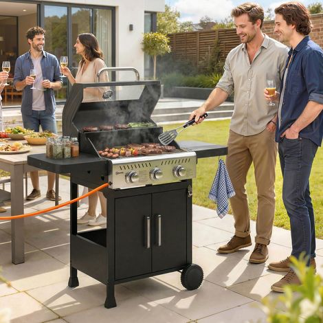 Barbacoa de Gas con 3 Quemadores 7,5 kW Termómetro Parrilla Plancha Mesas Laterales Armario Ruedas 125x57x110 cm Negro (1/5)