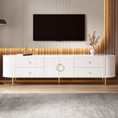 Mobile TV moderno bianco 180 cm – mobile basso da soggiorno con ante ondulate 3D, bordi arrotondati, cassetti e piedi in metallo per televisori fino a 80 pollici