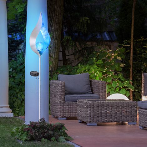 LED Solarlampen für Außen Gartendeko Erdspieß Solar Gartenlampe Steckleuchte blau silber Flammen Design, Crackle Glas, H 90 cm