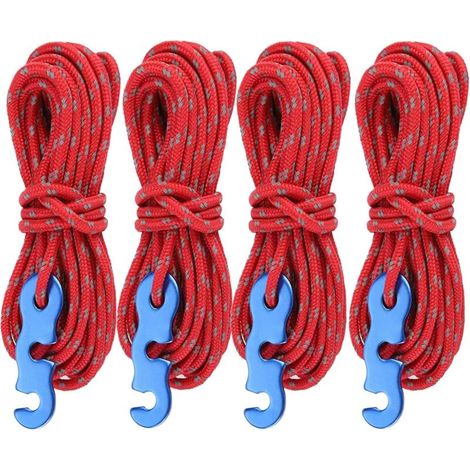 (Rosso) 4 pezzi di corda riflettente per tenda, corda in nylon da 4 metri con tenditore in alluminio, corde da 3 mm di diametro per tenda da campeggio, escursionismo, tenda da sole, telone