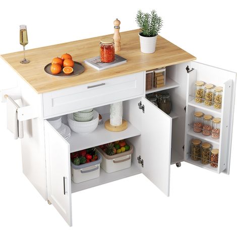 Grande table de cuisine mobile 132,5 x 44(70) x 90 cm, plan de travail rabattable, porte-épices, porte-serviettes, 5 roulettes, adapté à la cuisine / salle à manger (1/5)