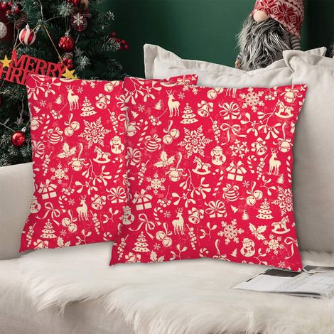 Juego de dos fundas de almohada navideñas Quinlirra de 45 x 45 cm, con estampado de árbol de Navidad y copos de nieve en rojo y blanco, decoración navideña, aptas para sofás, camas y cojines de exteri