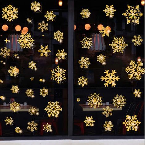 Autocollants Fenêtre Noël - Flocons Neige Dorés - Réutilisables PVC Non Toxique - Pour Fenêtres Portes Miroirs Voitures - 4 Feuilles 30 x 37 cm (1/4)