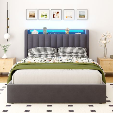 Lit 140x190 cm Rembourré avec Coffre Hydraulique, LED et USB Intégrés, Velours Doux, Structure MDF/Métal - Gain de Place Moderne (1/5)