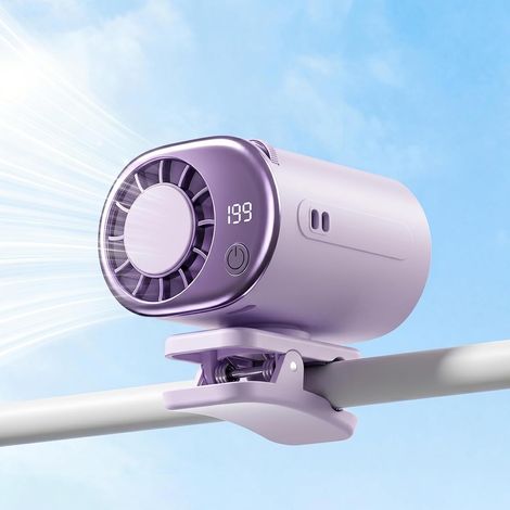 Ventilateur à pince violet rechargeable cou/taille, flux d'air turbo 199 vitesses, mini ventilateur portable personnel pour bureau, sport, voyage et activités extérieures (1/5)