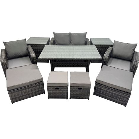 Fimous 8 Seat Outdoor Wicker PE Rattan Garden Furniture Set Dining Table Sofa Sets with 4 Stools 2 Side Table Dark Grey Mixed (1/5)