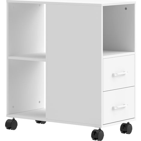 Cassettiera da Ufficio 60x30x65 cm con Ruote Minimal con 2 Cassetti Vano Aperto e Ripiano Regolabile in Legno Bianco (1/5)