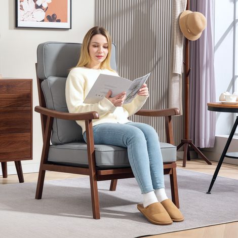 Sillón de Salón Tapizado en PU con Marco de Madera Cojines Acolchados Gruesos Gris y Madera Nogal (1/5)