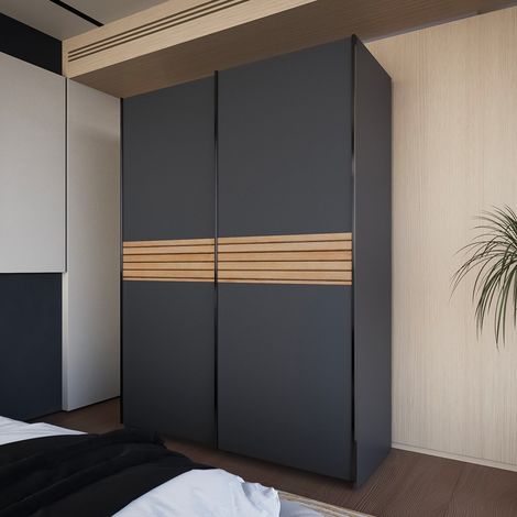 Armadio due ante scorrevoli Metropol colore antracite e inserti rovere – 150x58,1x204,5H (1/4)