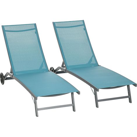 Set aus 2 Sonnenliegen aus Aluminium und Segeltuch mit Rollen, verstellbarer Rückenlehne, Tragkraft 150 kg, blau