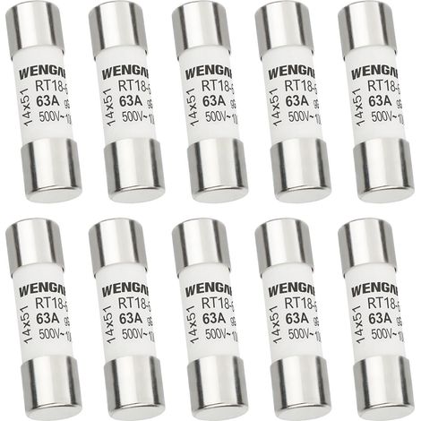 Lot de 10 Fusibles Cylindriques en Céramique 14x51mm - 63A - Type gG - AC 500V - Haute Capacité de Coupure 100kA - Protection Industrielle et Photovoltaïque - Modèle RT18-63 (RO16) (1/5)
