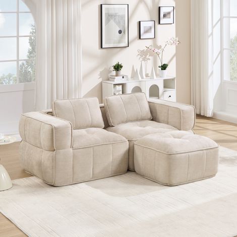 Divano Modulare Angolare con pouf, in poliestere beige con base antiscivolo, 198x162x67 cm, per soggiorno (1/5)